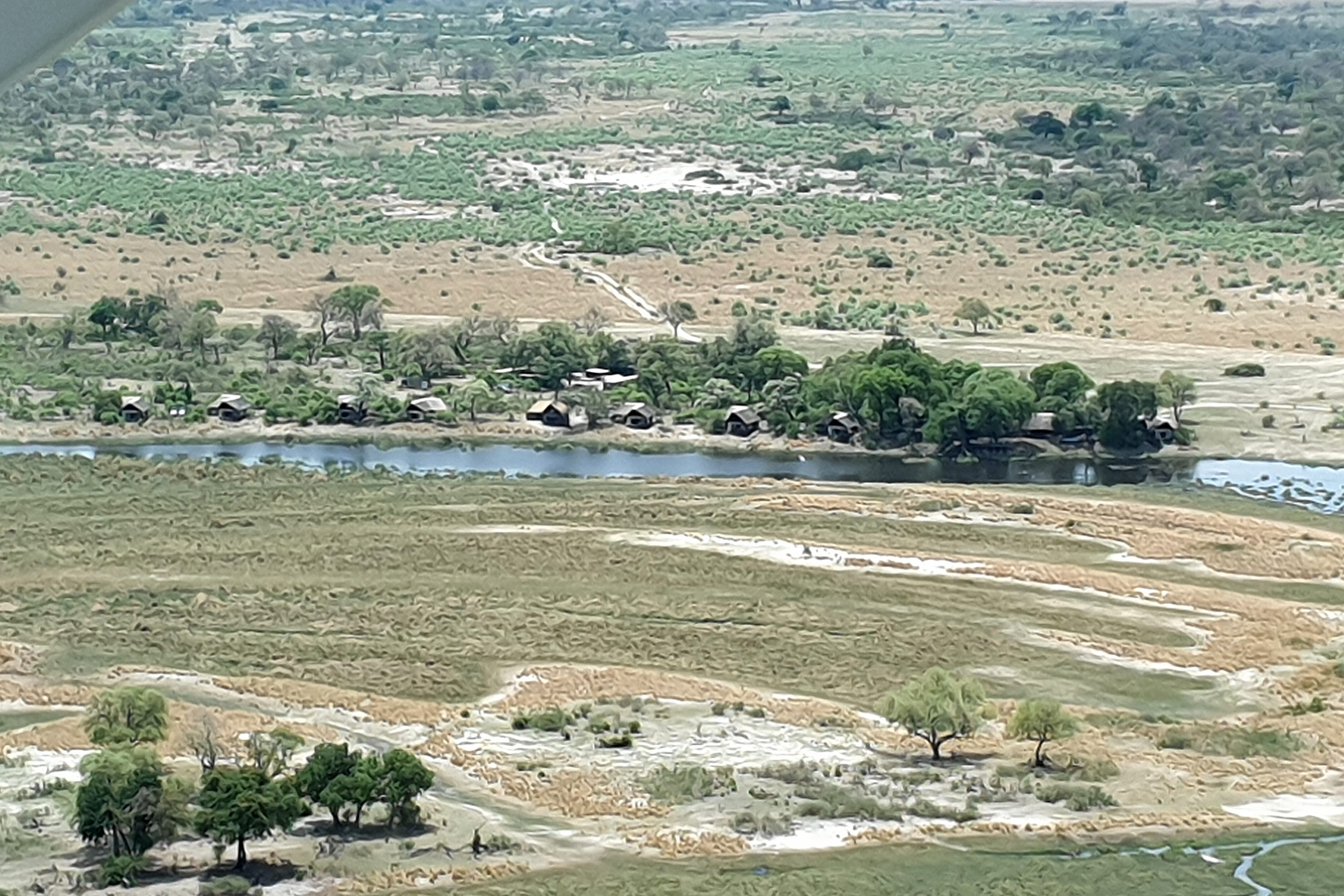  Le camp de Kwando lagoon en saison sèche vu depuis notre avionnette lors de notre arrivée. 